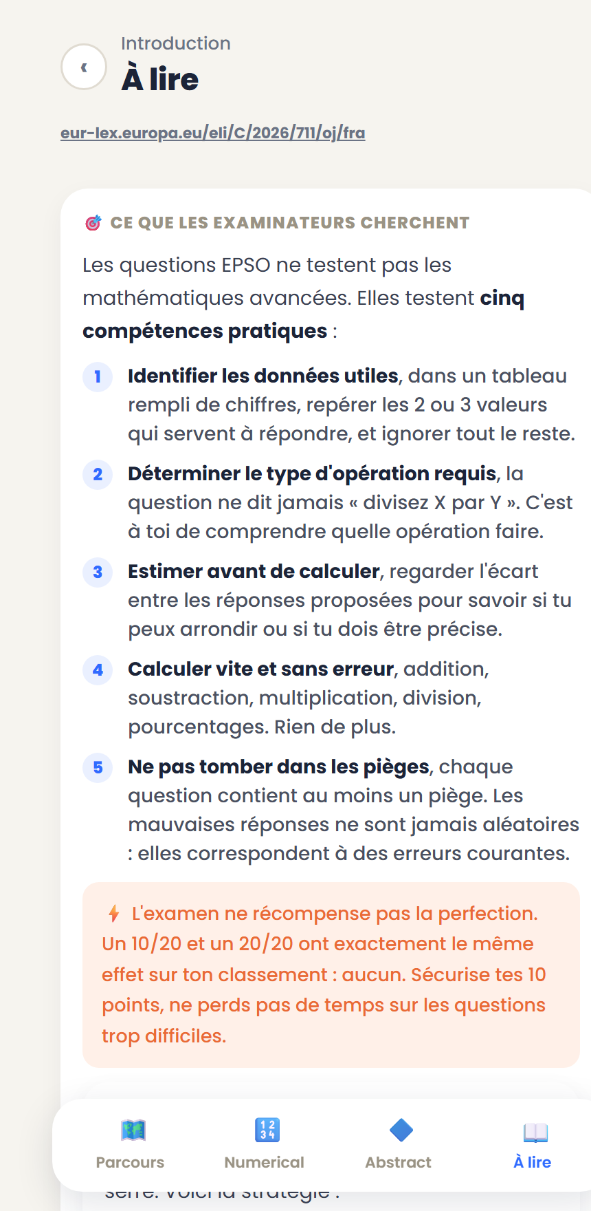 L'onglet « À lire » de l'application EPSO Turbo, avec la barre de navigation en bas